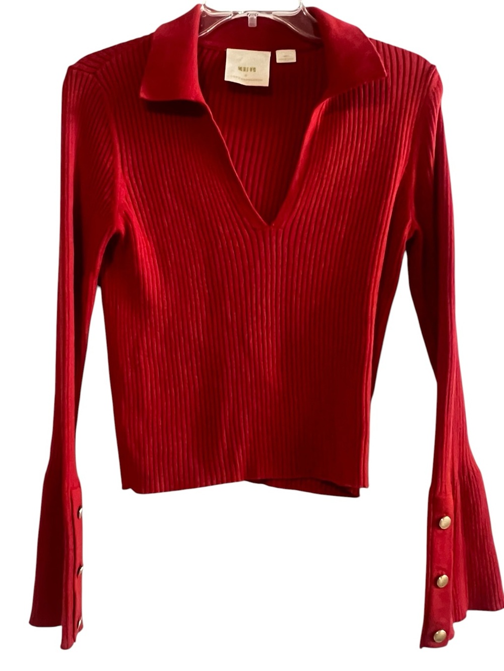 Maeve by Anthropologie Red Ribbed V-Neck Knit Top with Button Cuff Details